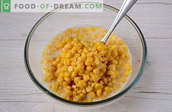 Buñuelos con maíz: ¡use maíz enlatado de las latas! Receta fotográfica paso a paso del autor para panqueques con maíz en kéfir