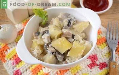 Potatoes with mushrooms in the oven with sour cream - an aromatic and nutritious dish. Author's step by step photo recipe of baked potatoes with mushrooms