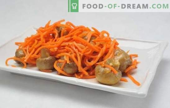 Prosta i złożona potrawa - sałatka z koreańskimi marchewkami i grzybami. Gotowanie sałatki: koreańskie marchewki, grzyby ... co jeszcze?