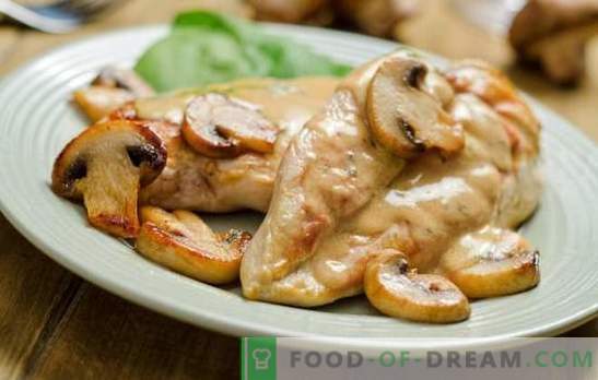 Mushroom Breast: klasyczna kombinacja. Przepisy na pierś z kurczaka z grzybami i ... kwaśną śmietaną, ananasami, serem, ciastem